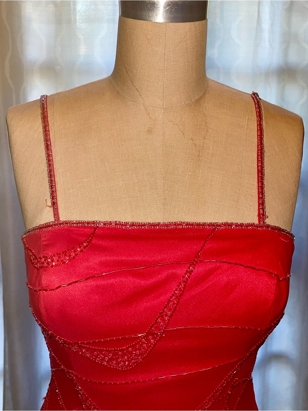 Red Beaded Spaghetti-Strap Prom Dress